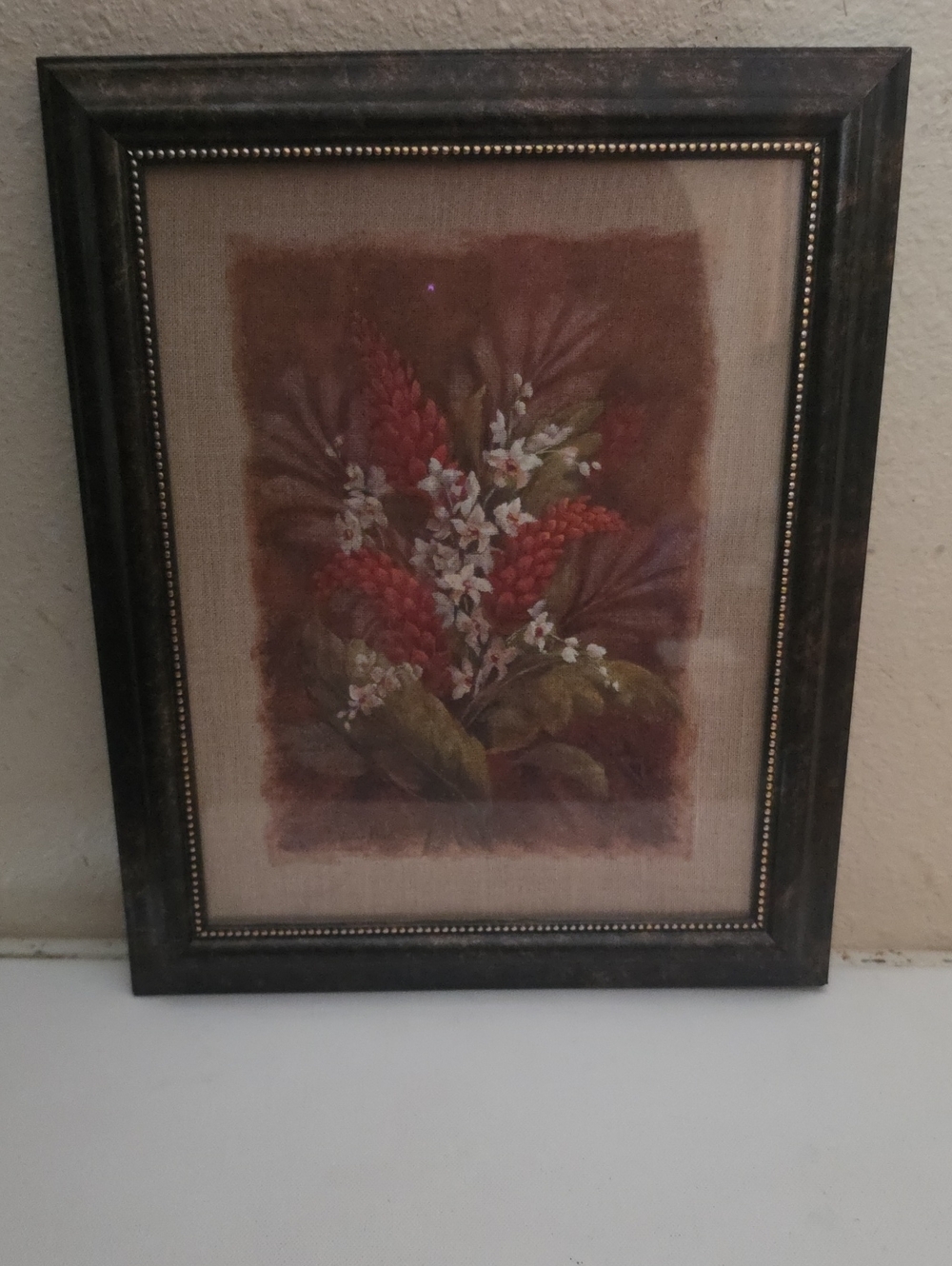 Vintage Framed Floral Art Print in Brown and Red